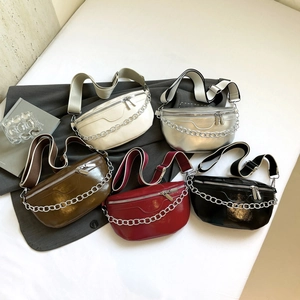 Women Waist Bag PU Leather Chest Bag Silver Chain Decoration Adjustable Wide Fabric Strap Street Style Fashionable
