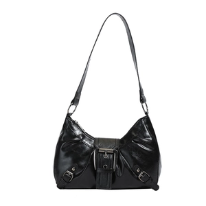 Retro black glossy leather hobo shoulder bag with silver buckle in vintage biker style
