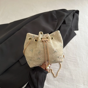 Women Woven Bucket Bag Floral Embroidery Straw Drawstring Crossbody Bag Gold Chain Artificial Pearl Decoration Elegant Vacation