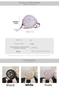 Detailed spec sheet showing embroidered round crossbody bag dimensions and color options