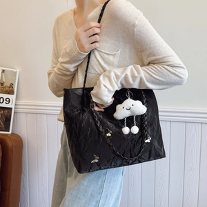 Black large capacity tote bag with pleated texture and silver butterfly charm for women