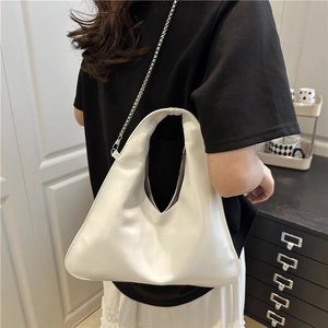 Chic white geometric PU leather handbag for women featuring a silver chain strap