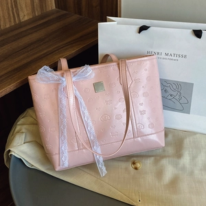 Women Embossed Cartoon Tote Bag Large Capacity Shoulder Bag With Lace Ribbon Decor PU Leather Casual Commute Handbags