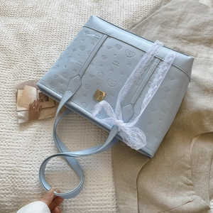 Light blue Cinnamoroll embossed large tote bag with white lace bow decoration