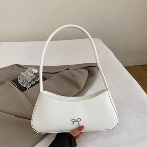 Women Underarm Bag PU Leather Crescent Hobo Shoulder Bag With Metal Bow Decoration Casual French Minimalist Style