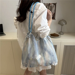 Tie-dye floral embroidery tote bag with woven shoulder straps for daily casual use