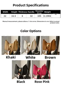 Detailed size chart and multi-color display of PU leather crossbody bag with metal studs