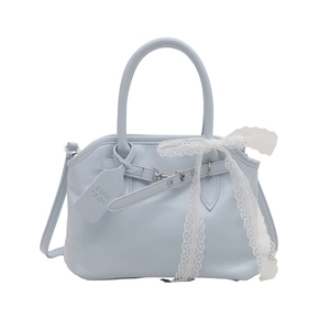 Sac à main bleu clair rétro avec un nœud en dentelle blanche et une bandoulière réglable