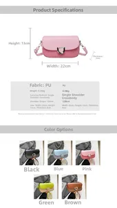 Detailed size specifications and color options for the minimalist PU crossbody shoulder bag