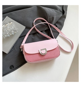 Detail of pink and red striped crossbody bag with silver D-ring buckle and leather flap