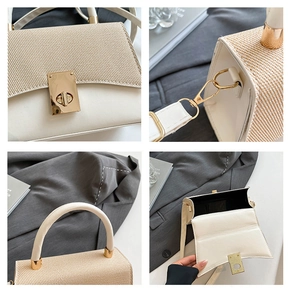 Detailed close-up of straw patchwork texture and gold metal buckle on a shoulder bag