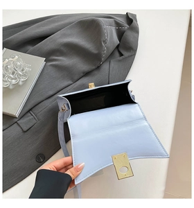 Detail view of the light blue square bag showing gold metal buckle and black interior