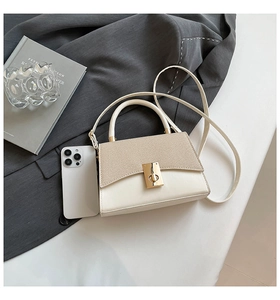 Detailed close-up of mini two-tone crossbody bag with gold lock and phone size reference