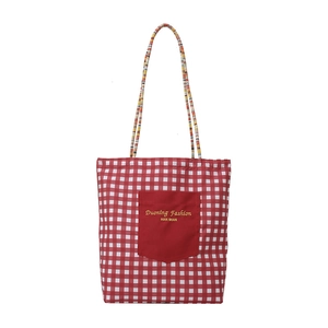 Large capacity canvas tote bag with red plaid pattern and colorful braided rope handles