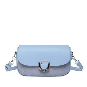Light blue contrast stitching crossbody bag with silver D-ring buckle on white background