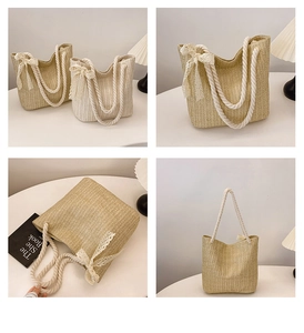 Detail view of woven straw tote with thick cotton rope handles and lace bow decoration