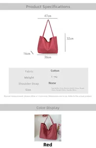 Detailed size chart for red polka dot canvas tote bag with 47cm top width and measurements