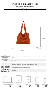 Detailed chart showing orange canvas tote dimensions 44x32x11cm and capacity guide