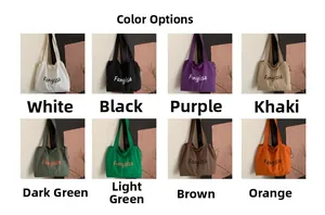Canvas tote bag color options showing white black purple khaki and green variants
