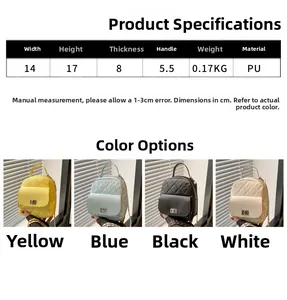 Size chart and dimensions for the mini quilted PU leather backpack with chain strap