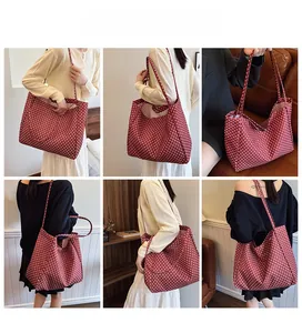 Detailed views of red polka dot canvas tote bag shown from multiple angles on a model
