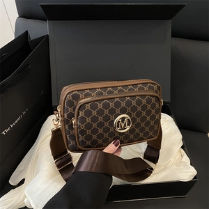 Vintage Monogram Print Crossbody Bag PU Leather Double Zipper Camera Bag Wide Webbed Strap Retro Style For Women
