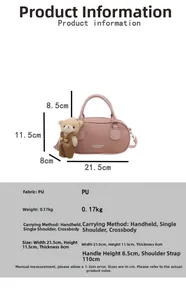 Detailed size specifications for pink crossbody pillow bag with bear charm and logo