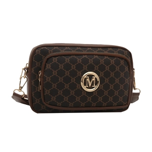 Vintage patterned crossbody camera bag with adjustable strap and golden M logo detail