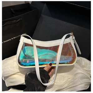 Detail of laser iridescent clear shoulder bag with white leather trim and metal zipper