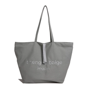 Minimalist large capacity dark grey canvas tote bag with white embroidery for daily use