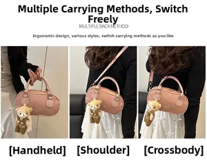 Pink cylinder handbag with teddy bear charm shown in handbag, shoulder, and crossbody styles