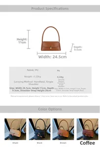 Tableau des tailles et vue multicolore de ce sac sous le bras en cuir PU vintage
