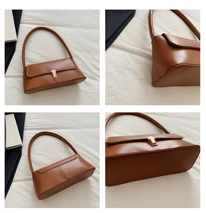 Détails d'un sac baguette vintage marron avec fermoir doré présenté sous quatre angles