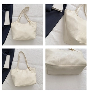 Detailed views of a large cream leather tote bag with soft texture and gold buckles