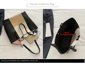 Detail showing the large interior capacity of this color-block tote bag for daily essentials