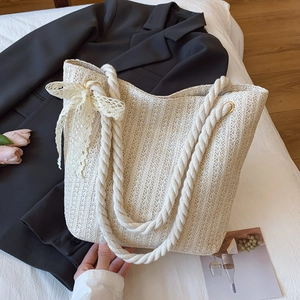 Straw Woven Tote Bag Large Capacity Lace Bow Cotton Rope Handle Beach Vacation Casual Pastoral Style Women Handbag