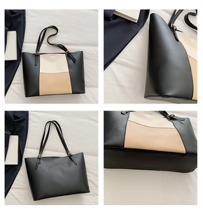 Detailed views showing the tricolor stitching and premium leather texture of the tote bag