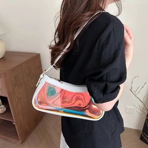 Retro transparent laser shoulder bag with white trim and rainbow shimmer effect