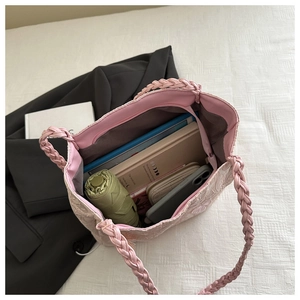 Top view of pink lace tote bag showing large capacity for umbrella, wallet and phone