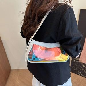 Chic iridescent transparent shoulder bag with white leather trim and chain strap details