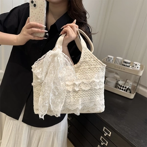 Sac Cabas Doux en Dentelle Avec Nœud Grande Capacité Floral Crochet Sac à Bandoulière Pour Femme Été Plage Voyage