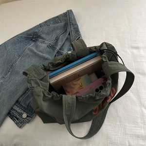 Large capacity dark green nylon tote bag with drawstring for books and daily essentials