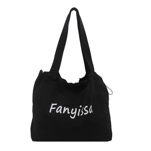 Black canvas bucket tote bag with Fanyissa print and drawstring closure for women