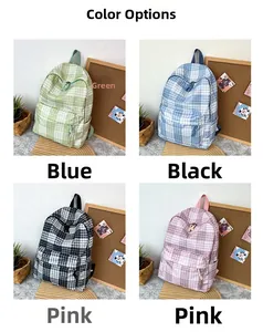 Four-color display of plaid canvas backpacks with main compartments and front pockets