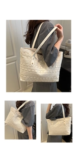 Detail of white lace hollow tote bag with crochet weave and gold rivet leather straps