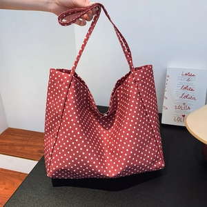 Retro Red White Polka Dot Canvas Tote Bag Large Capacity Casual Shoulder Handbag For Women Students School Daily Use