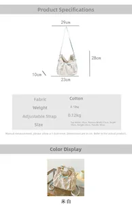 Floral canvas backpack with adjustable straps and size details on white background