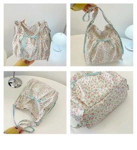 Detail shots of floral canvas tote bag featuring blue checkered bows and button closure