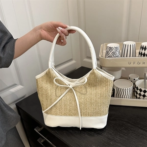 Woven Straw Tote Bag Women Summer Beach Shoulder Bag PU Leather Patchwork Bow Detail Casual Large Capacity Handbag