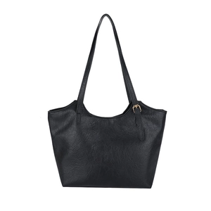 Grande borsa tote vintage in pelle PU nera con lunghe tracolle su sfondo bianco